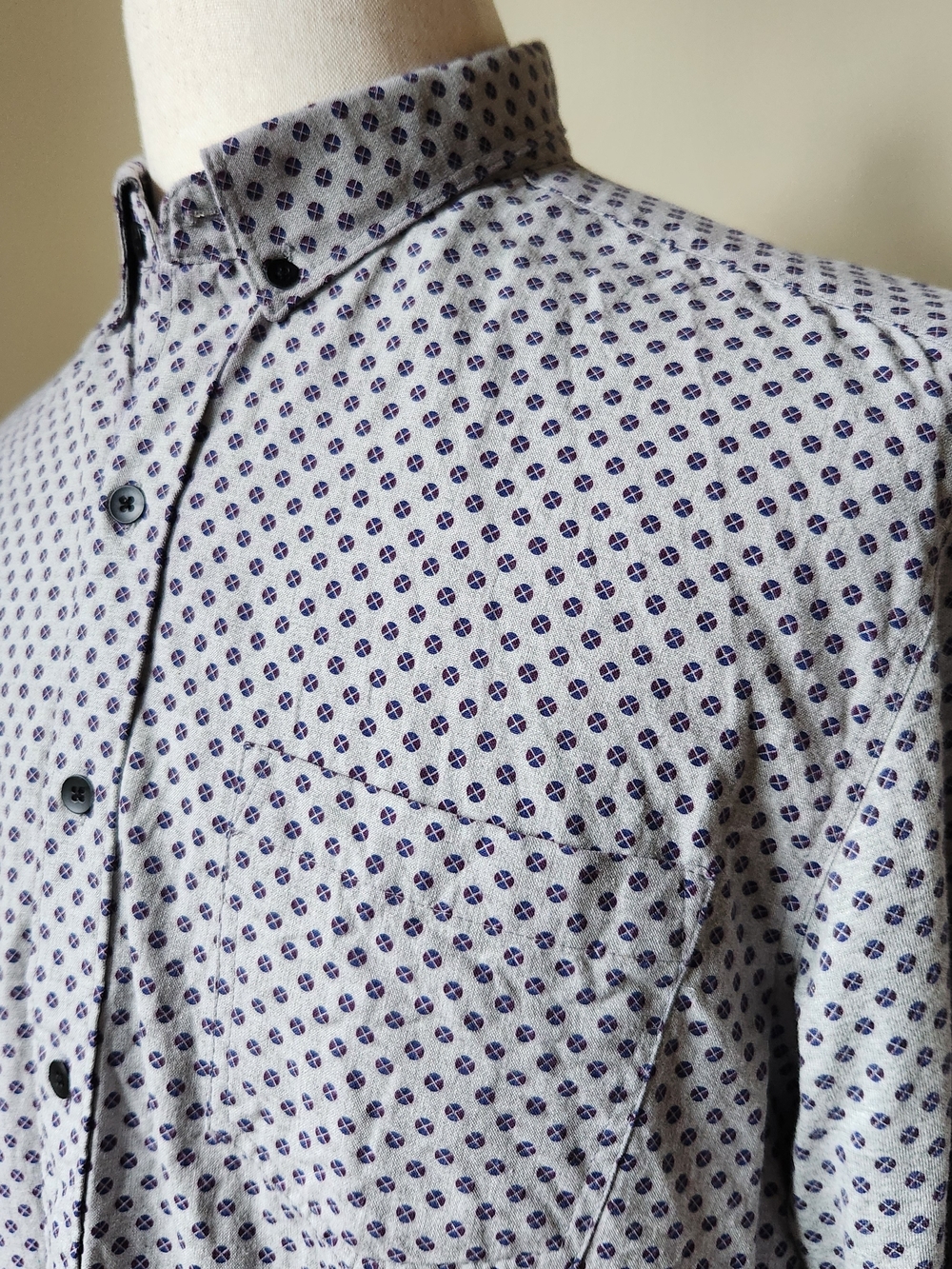 WRK Slim Fit Geometric Print Button Down Shirt Mens Size Large Grey Long Sleeve - Picture 3 of 14